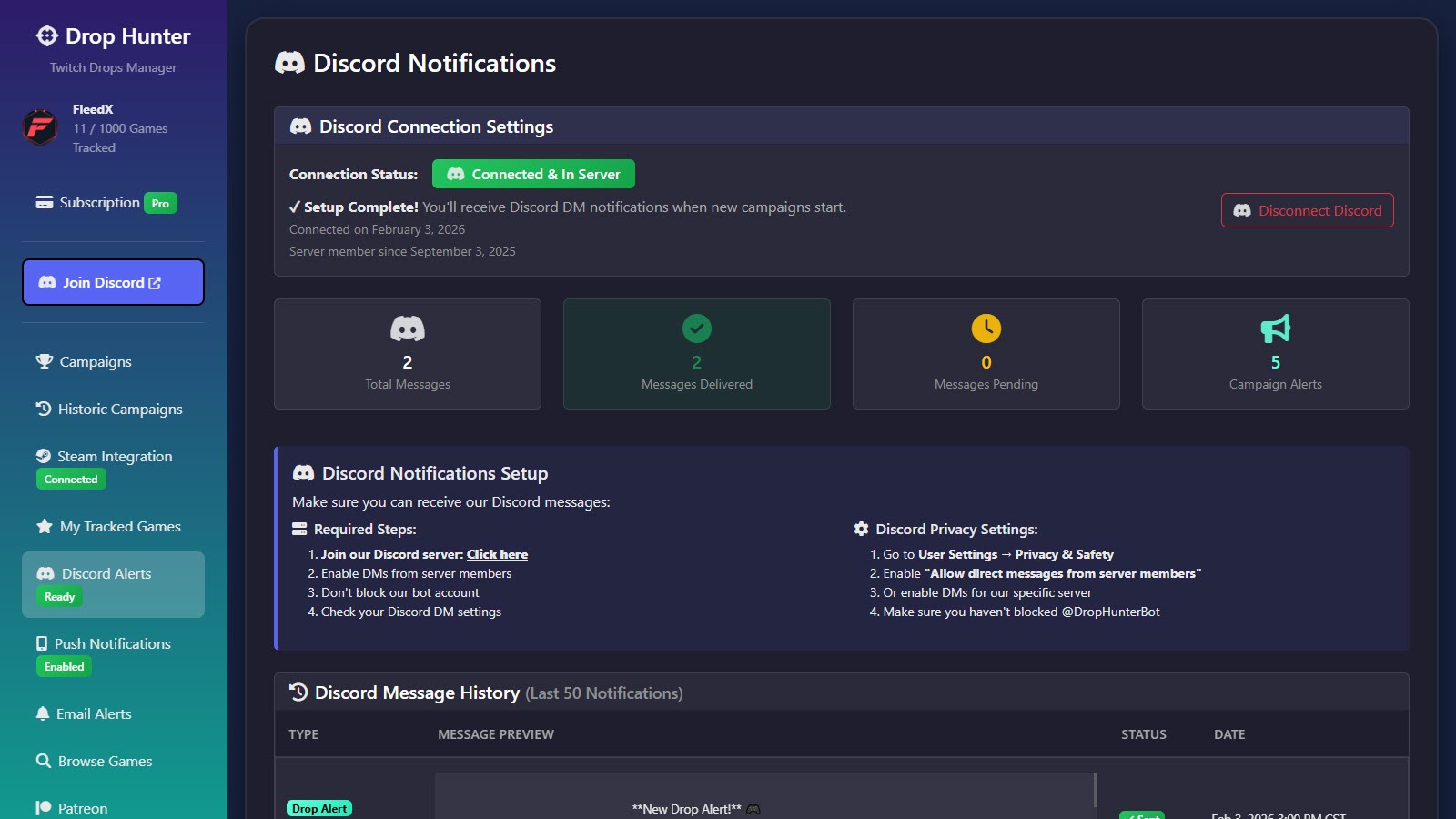 Drop Hunter Discord Notification Integration