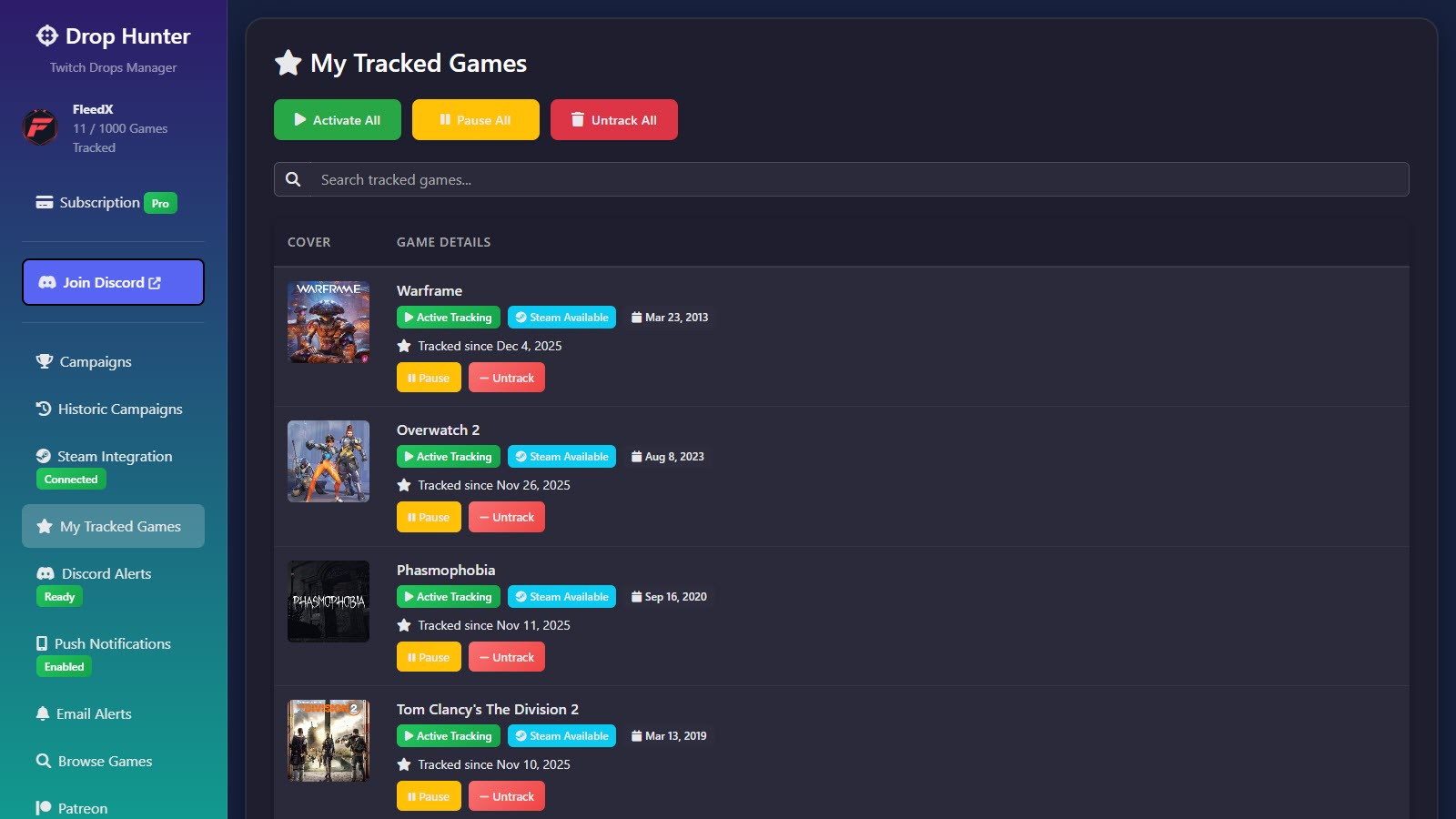 Drop Hunter Game Management Dashboard